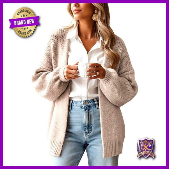 Sweaters - Oversized Chunky Knit Cardigan with Lantern Sleeves, Open Front, Below Hip